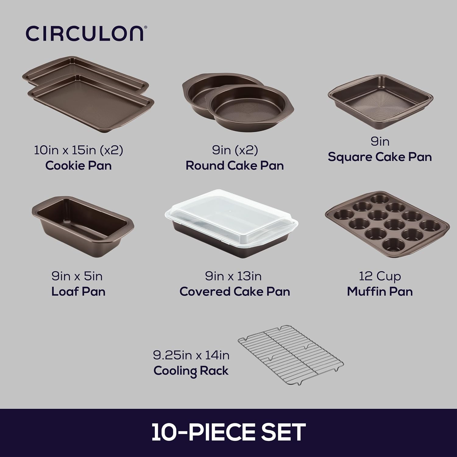 Circulon Nonstick Bakeware Set with Nonstick Bread Pan, Baking Pans, Baking Sheets, Cookie Sheets, Cake Pan and Muffin Pan / Cupcake Pan - 10 Piece, Chocolate Brown - Image 3