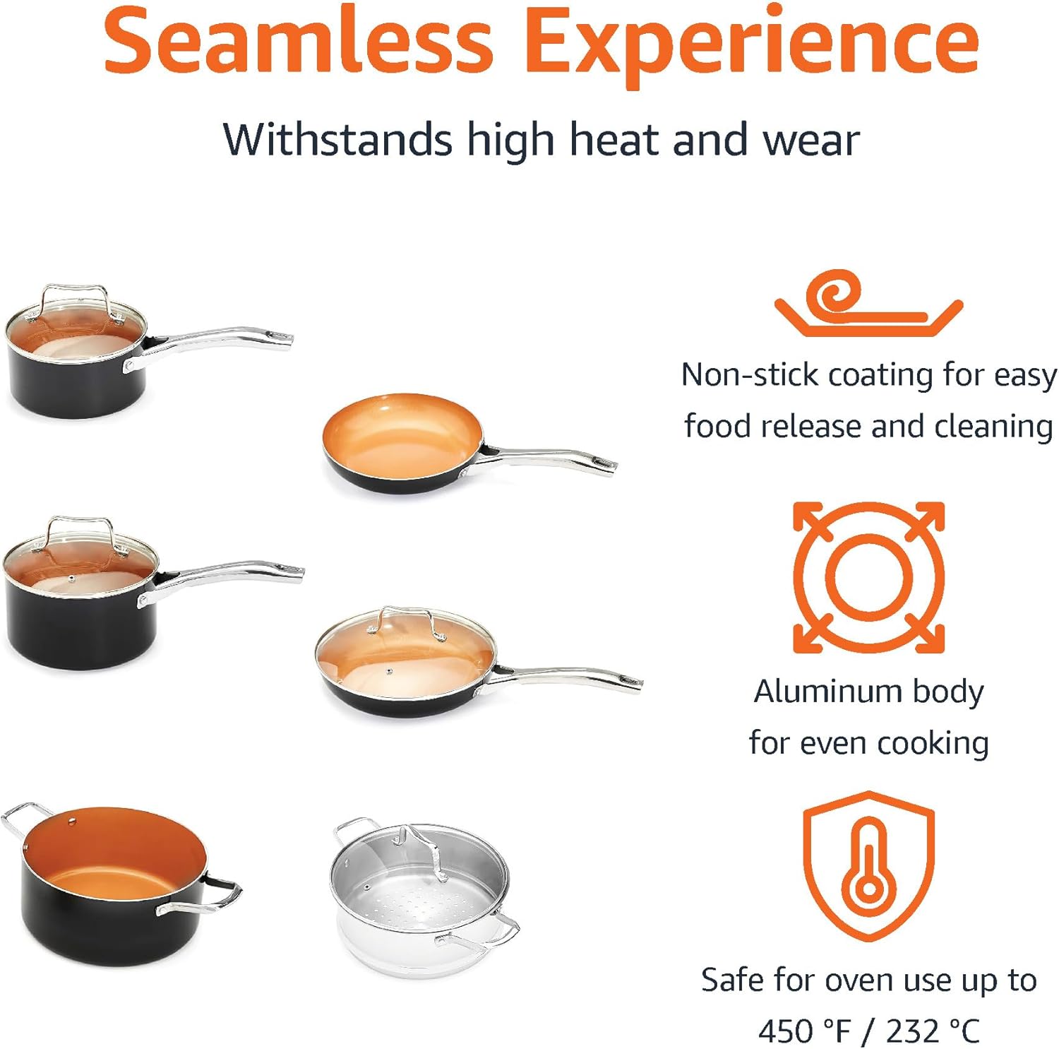 Amazon Basics Ceramic Nonstick Pots and Pans Cookware Set, Dishwasher & Oven Safe, Even Heating, 10-Piece Set, Copper Color - Image 2