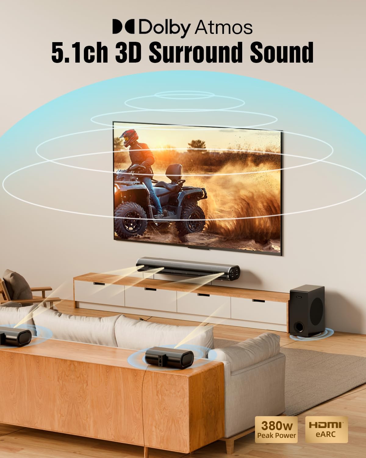 Hiwill 5.1ch Dolby Atmos Soundbar with 5.25'' Subwoofer, Clear Voice, Surround Sound System w/2 Wired Rear Speakers, 380W Peak Power Bluetooth PC Sound Bar for TV, eARC/ARC/Opt, 2025 - Image 3