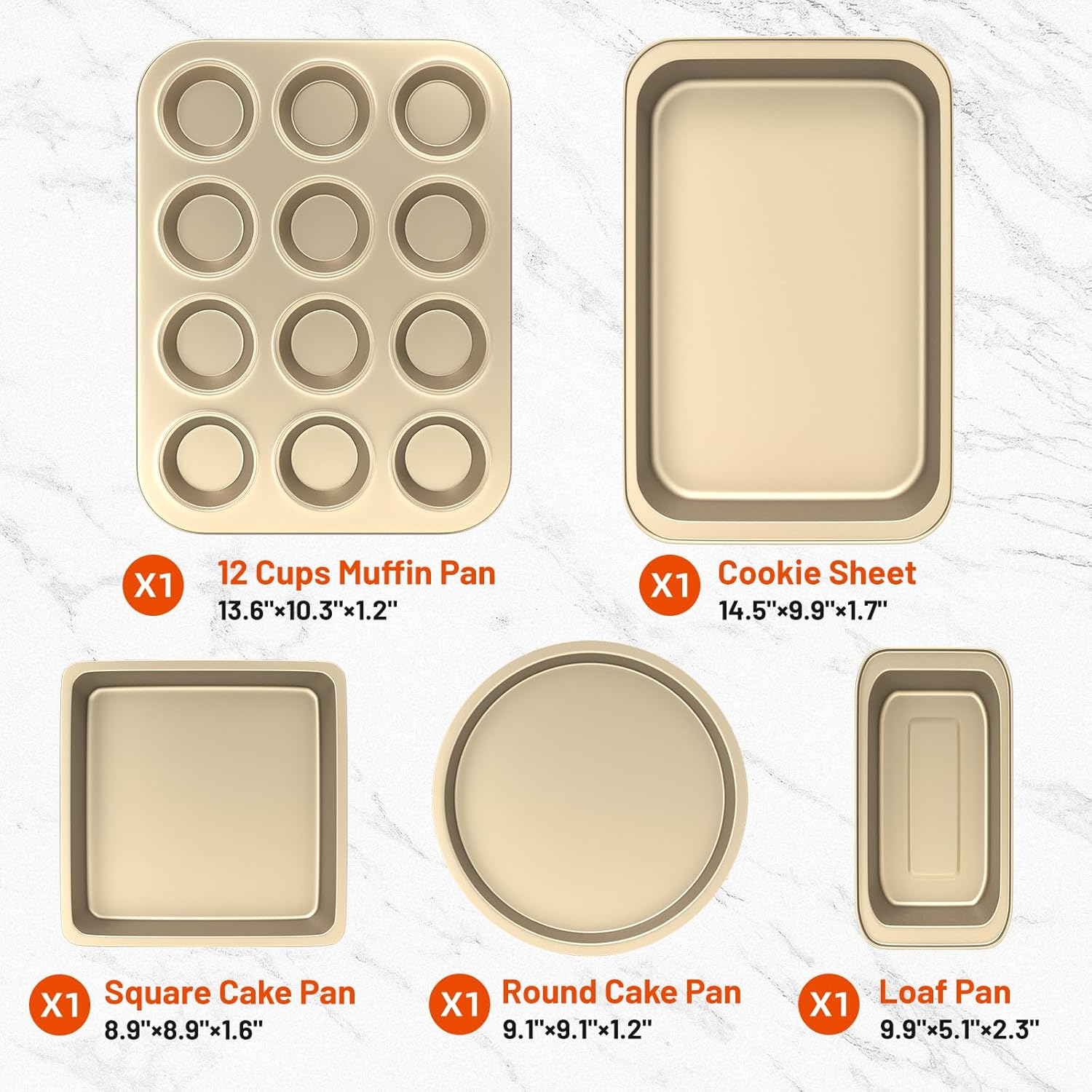 Baking Pans Set, 5-Piece Nonstick Bakeware Sets with Round/Square Cake Pan, Muffin Loaf Roast Pan, Baking Sheets for Oven, Kitchen Cookware Sets Baking Tray Baking Supplies, Gold - Image 2