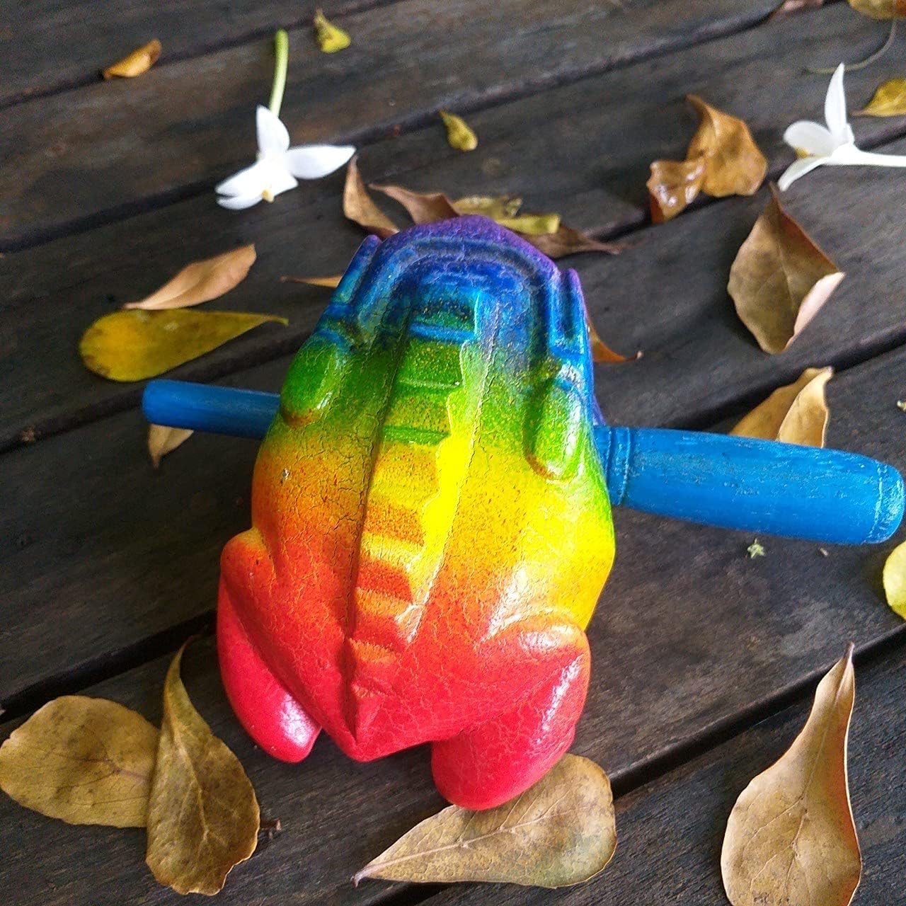 5" Wooden Frog Percussion Instrument - Guiro Rasp Tone Block Thailand Handcraft Musical Lucky Frog Home Office Decoration Nice Gift (Rainbow) - Image 6