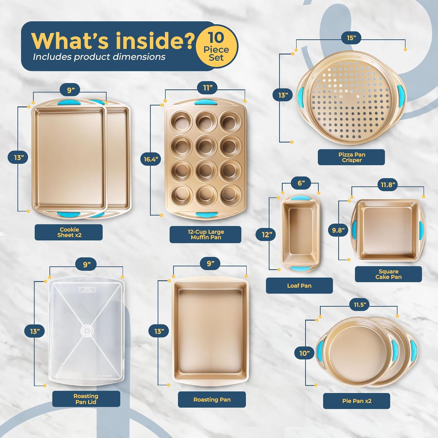 Perlli Baking Kit: Nonstick Gold Steel Oven Set - 10 Pieces, Cookie Sheets, Cake Pans, 9x13Pan with Lid, Loaf & Deep Pans, Pizza Crisper, Muffin Pan - Silicone Handles - Image 2