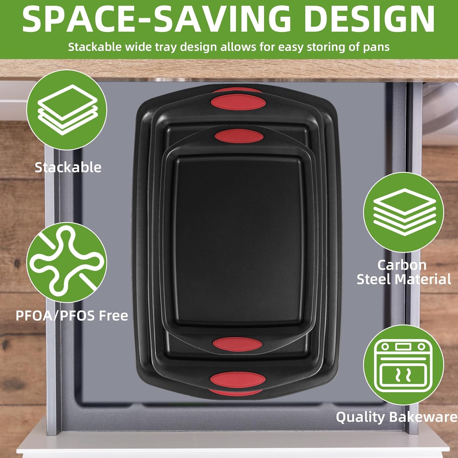 5-Piece Nonstick Baking Pans Set - Premium Carbon Steel Bakeware with PFOA/PFOS/PTFE-Free Coating, Red Silicone Handles (Black Red) - Image 3