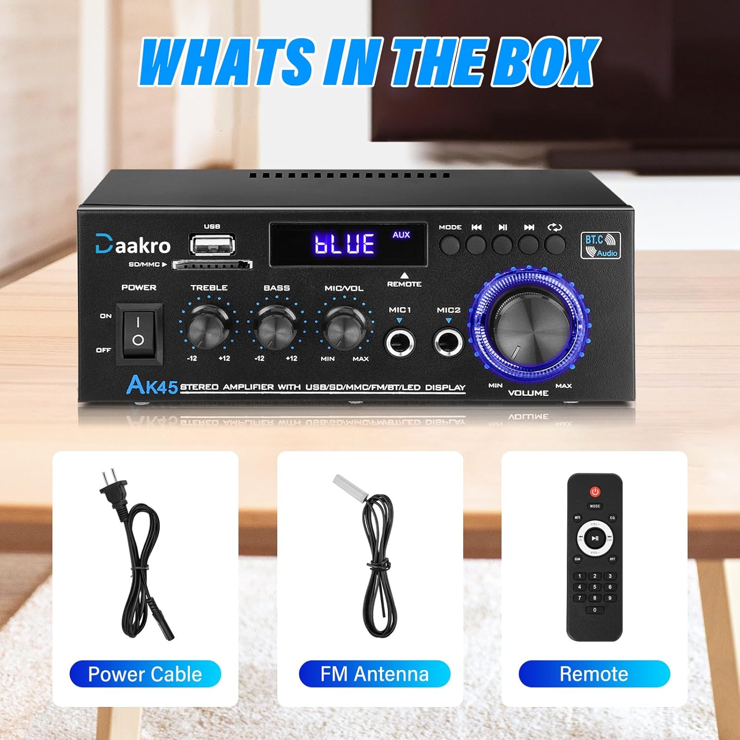 AK45 Stereo Audio Amplifier,300W Home 2 Channel Wireless Bluetooth 5.0 Power Amplifier System, Home Amplifiers FM Radio, USB, SD Card, with Remote Control Home Theater Audio Stereo System - Image 8