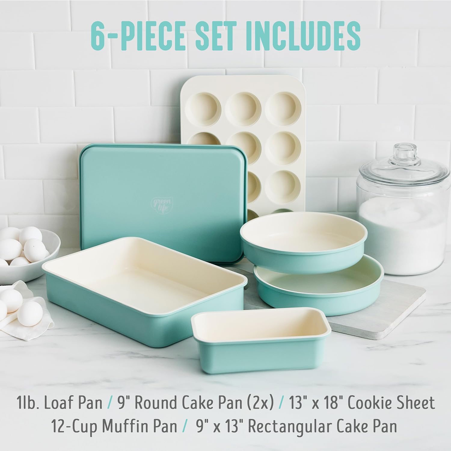 GreenLife 6 Piece Nonstick Bakeware Set, Non-Toxic PFAS-Free Ceramic Oven Pans, Dishwasher & Oven Safe to 450°F, Easy Release Baking Sheet, Loaf Pan, Rectangle & Round Cake, Muffin Pan, Turquoise - Image 4