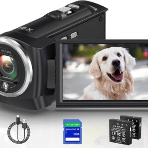 2.7K Video Camera Camcorder QHD 50MP YouTube Vlogging Camera 16X Digital Zoom Webcam 270 Degree Rotation Screen Camcorders with 32G SD Card and 2 Batteries Recording While Charging