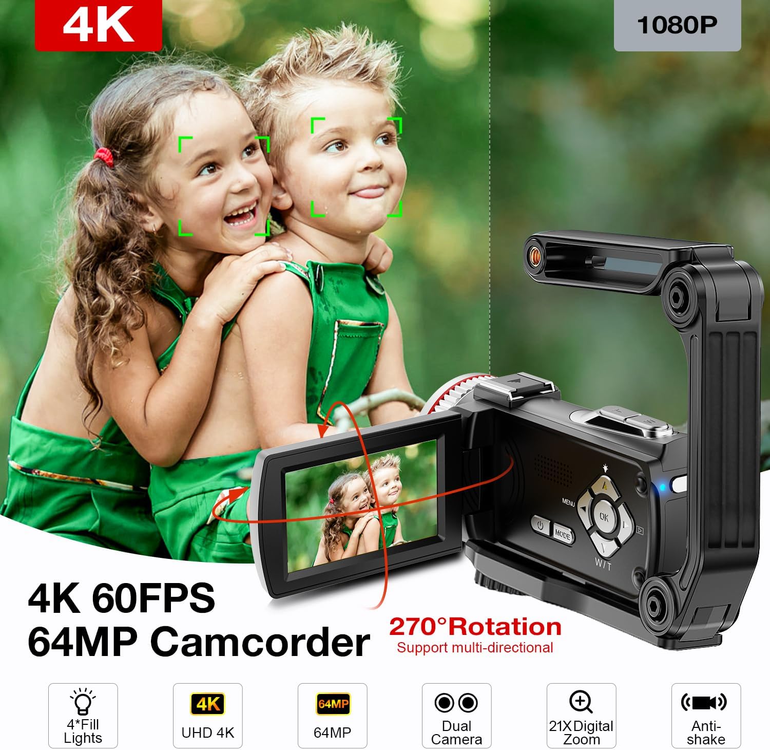 4K Video Camera Camcorder, 64MP UHD Vlogging Dual Camera for YouTube, 21X Digital Zoom IPS Screen Vlog Camera with External Microphone, Stabilizer, Remote, 2 Batteries, Remote, Memory Card - Image 2