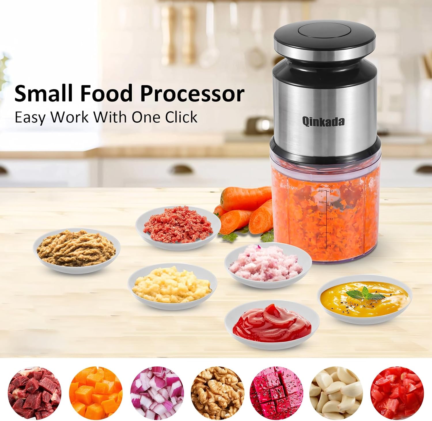 Mini Food Processor, 2.5 Cup/ 600 ML Baby Food Maker, 400 W Power Electric Grinder Chopper for Fruit, Vegetable, Meat, Baby Food Puree Blender (Sliver) - Image 2