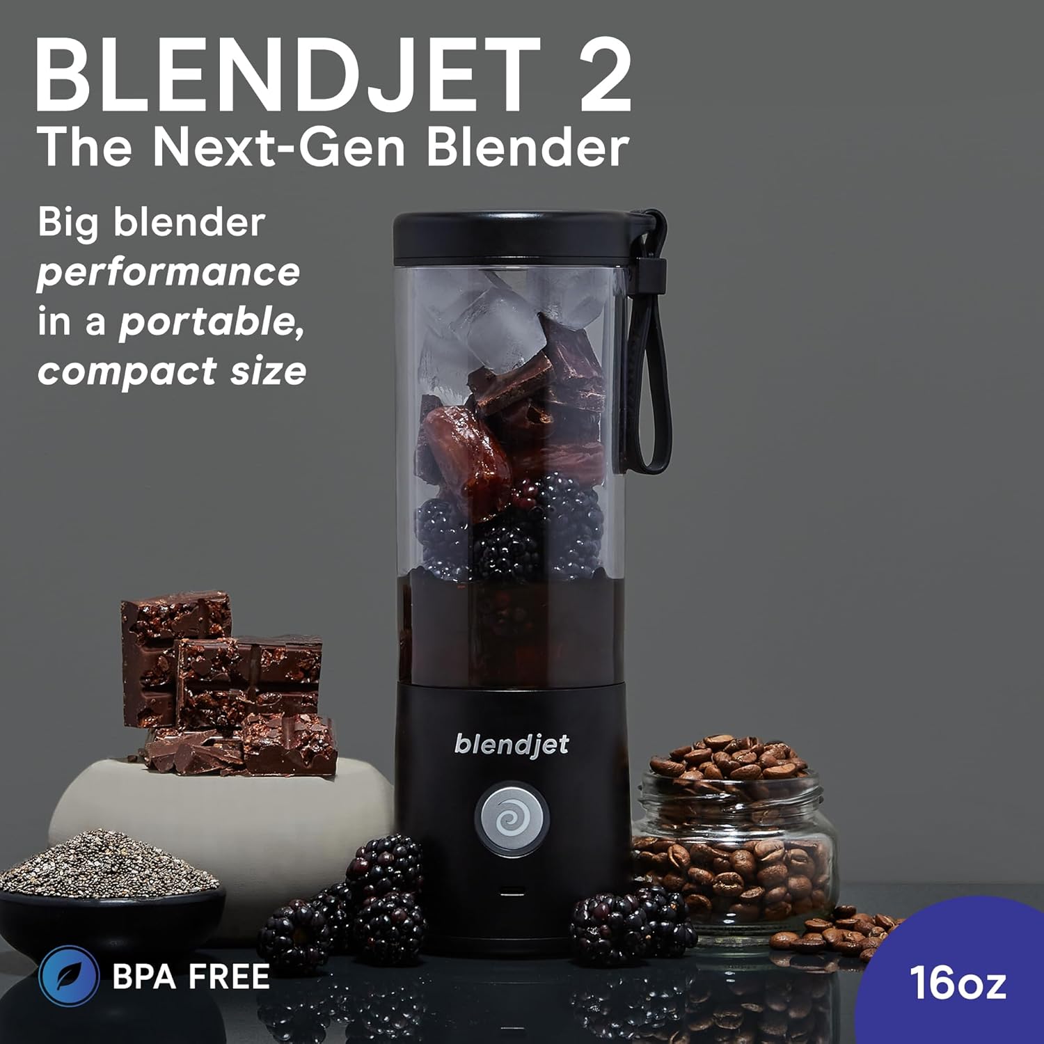 BlendJet Portable Blender for Smoothies & Shakes - 16oz BlendJet 2 Cordless Personal & Small Blender, USB-C Rechargeable & Self Cleaning - Quiet Mini Travel Blender with Stainless Steel Blade (Black) - Image 2