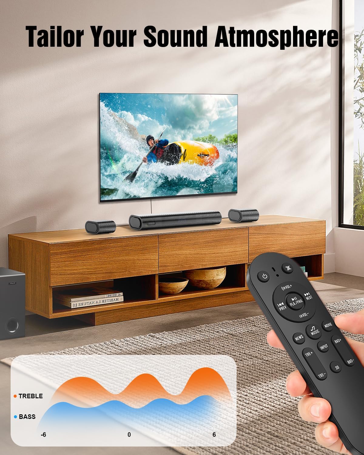 Hiwill 4.1ch Sound Bar with Dolby Atmos, 300W Sound Bar for Smart TV with Subwoofer, 2 Front Surround Speakers, Soundbar for TV Speaker, Adjustable Bass, Surround Sound System for TV, HiElite A41 - Image 9