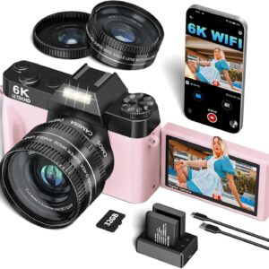 VJIANGER 2025 Upgrade 6K Digital Camera for Photography 64MP Vlogging Camera for YouTube with WiFi, 180°Flip Screen, 16X Digital Zoom, 52mm Lens, 32GB Micro SD Card, 2 Batteries(Pink)
