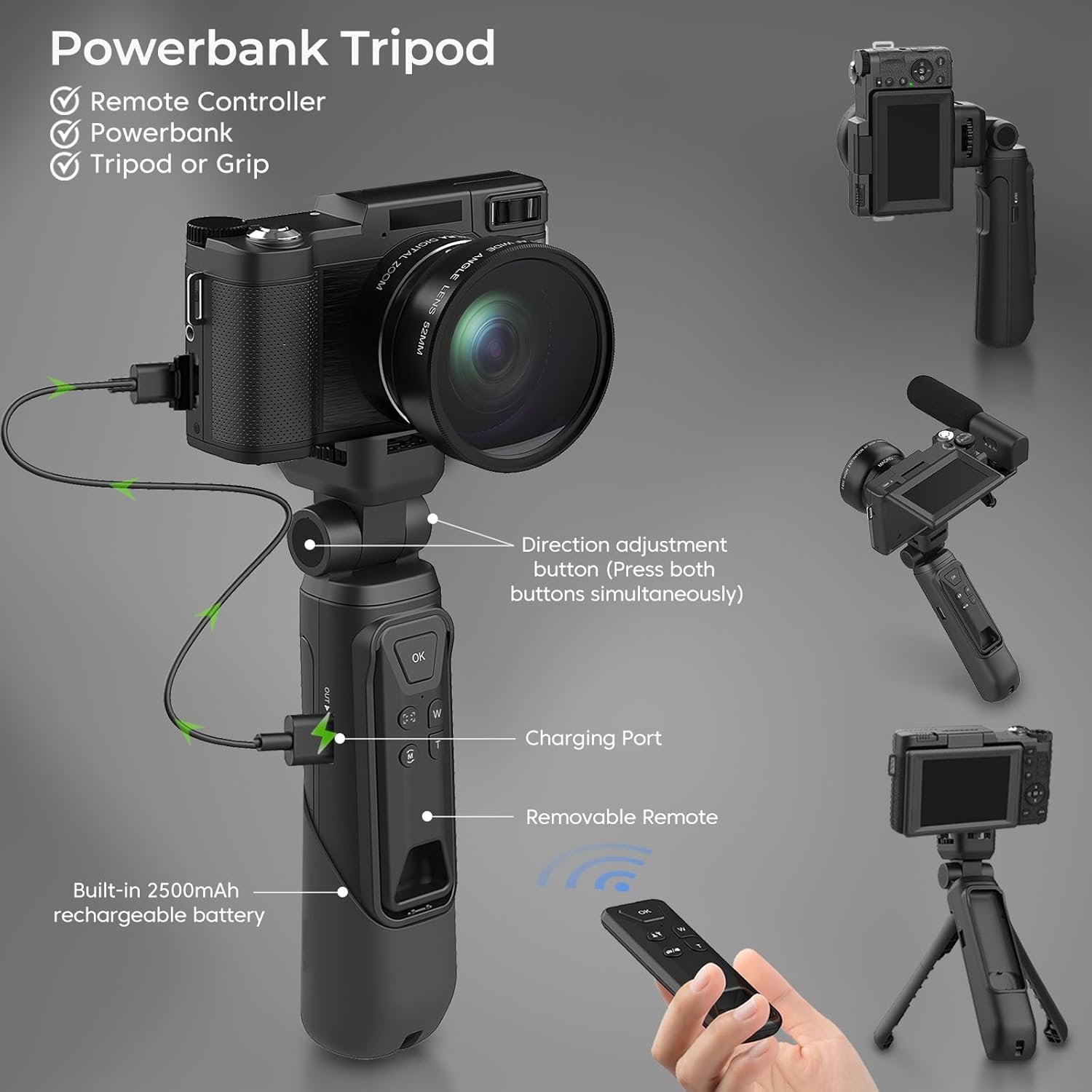 4K Vlogging Camera with Creator Kits 5K Digital Camera for Photography 64MP Video Camera with Flip Screen, Microphone, Powerbank Tripod, Wide-Angle & Macro Lens, Remote Control, Batteries - Image 5