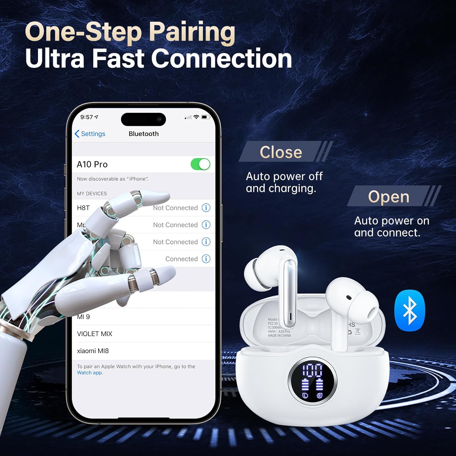 A10 Pro Wireless Earbuds, Bluetooth 5.3 Headphones HiFi Stereo 50H Playback LED Digital Display Ear Buds with ENC Noise Canceling Headset, IPX7 Waterproof Earphones for Gym/Running/Work - Image 7