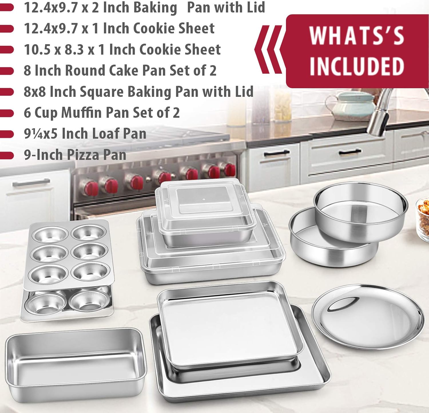 E-far 12-Piece Stainless Steel Bakeware Sets, Metal Baking Pan Set Include Round Cake Pans, Square/Rectangle Baking Pans with Lids, Cookie Sheet, Loaf/Muffin/Pizza Pan, Non-toxic & Dishwasher Safe - Image 2