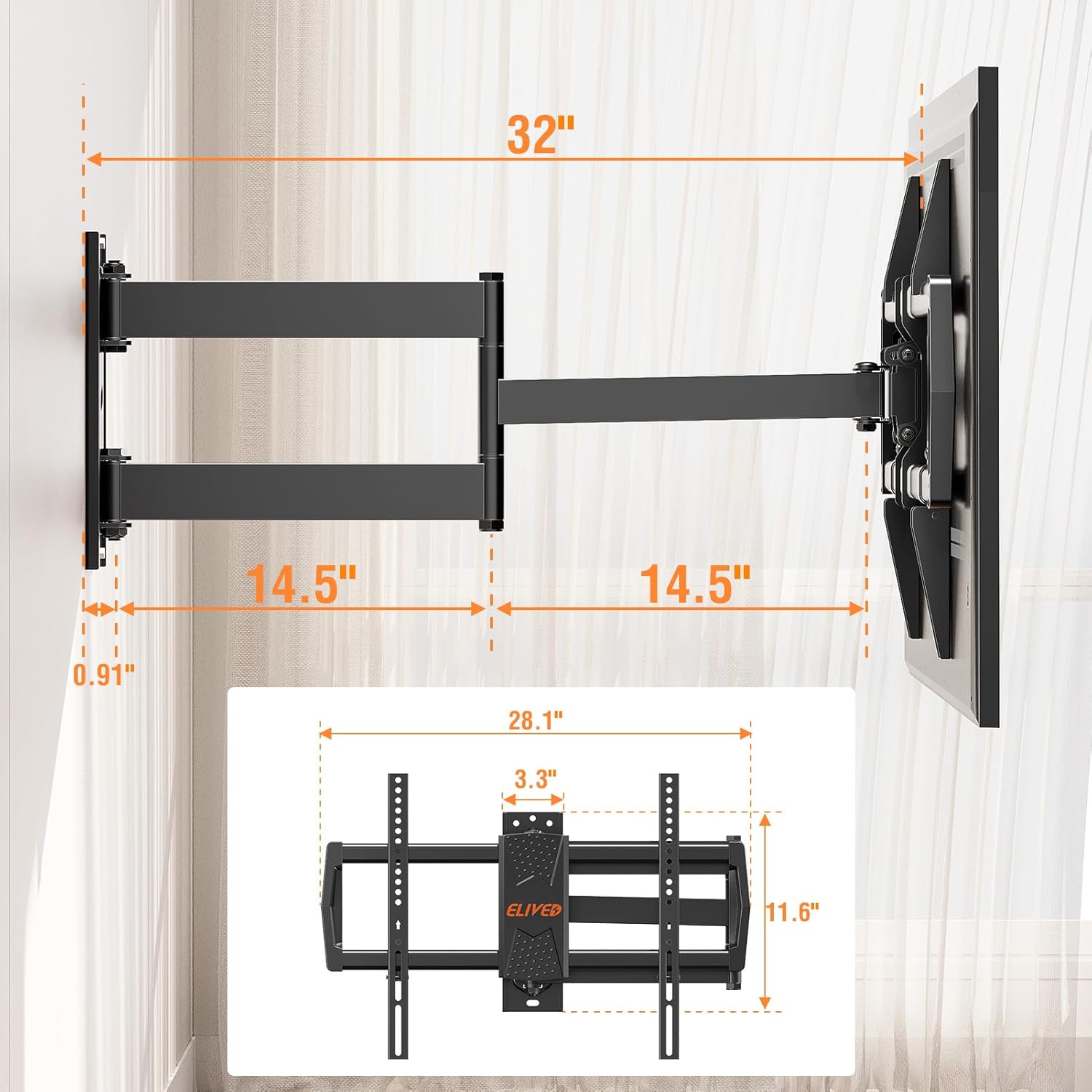 ELIVED Long Arm TV Mount for Most 42-75 Inch TVs, 32" Long Extension Arm Corner TV Wall Mount, Articulating Wall Mount tv Bracket Swivel and Tilt, Holds up to 99 lbs. Max VESA 600x400mm, YD1036 - Image 7