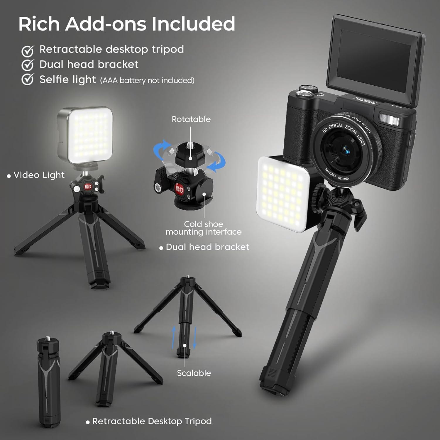 5K Digital Camera for Photography with WiFi 64MP Vlogging Camera with Flip Screen Compact Digital Cameras with Batteries, Selfie Light, Desktop Tripod - Image 5