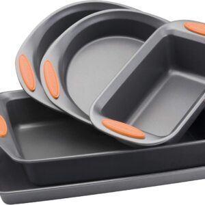 Rachael Ray 55673 Nonstick Bakeware Set with Grips includes Nonstick Bread Pan, Baking Pans and Cake Pans – 5 Piece, Gray with Orange Grips