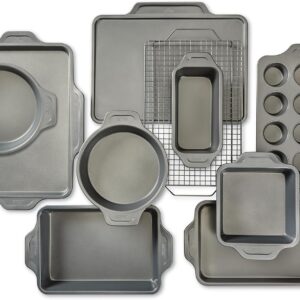 All-Clad Pro-Release Nonstick Bakeware Set 10 Piece Oven Safe 450F Half Sheet, Cookie Sheet, Muffin Pan, Cooling & Baking Rack, Round Cake Pan, Loaf Pan, Baking Pan Grey