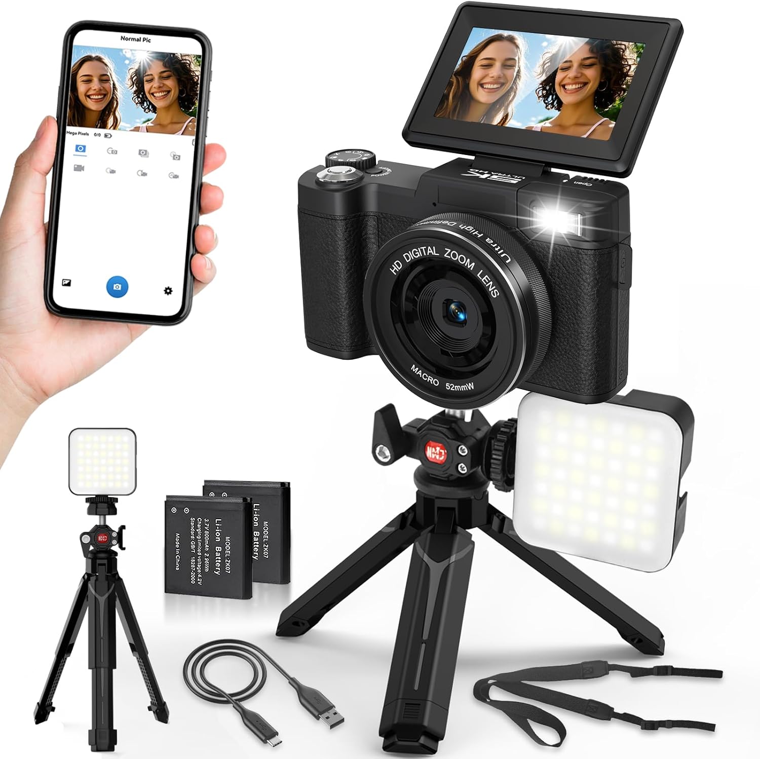 5K Digital Camera for Photography with WiFi 64MP Vlogging Camera with Flip Screen Compact Digital Cameras with Batteries, Selfie Light, Desktop Tripod
