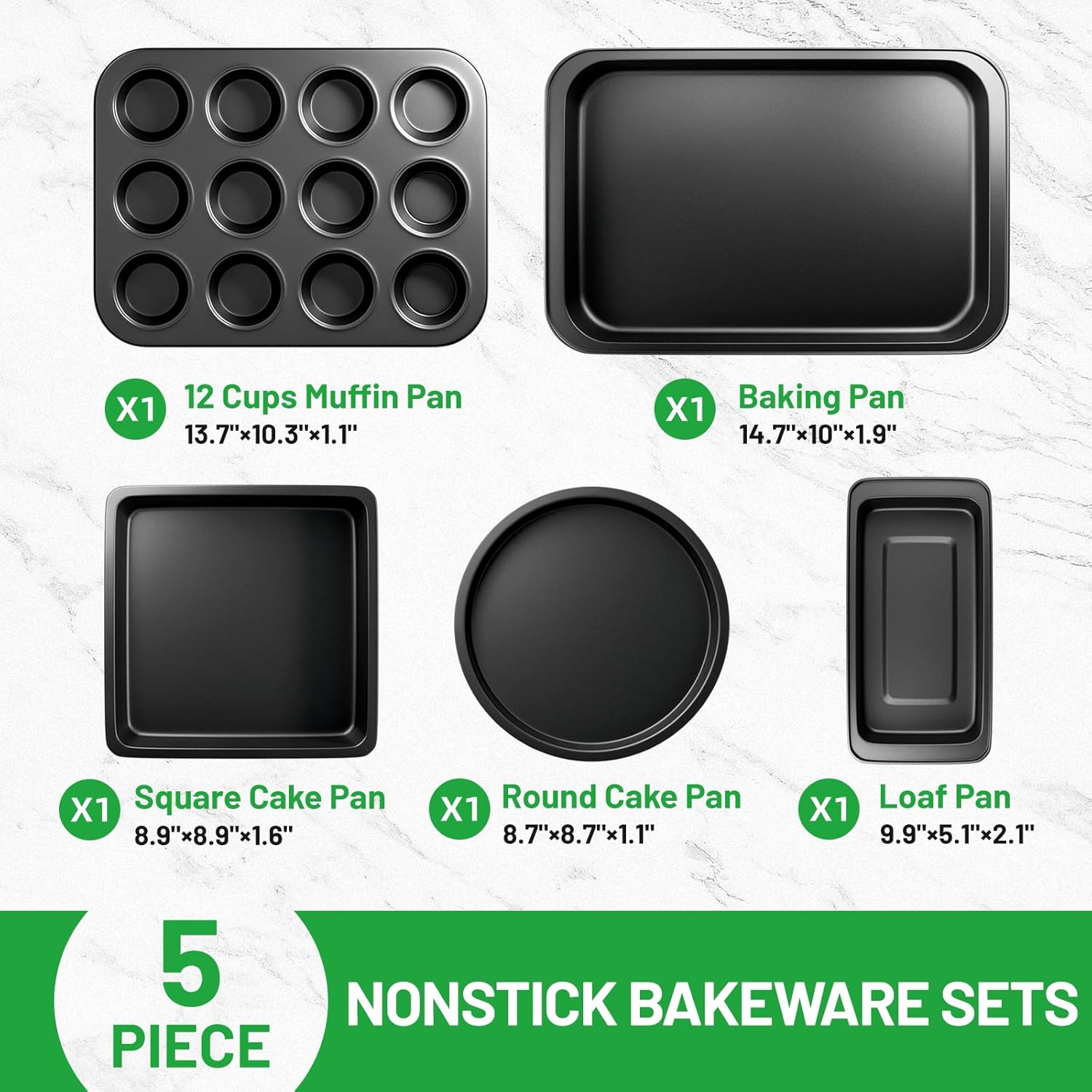 5 Pieces Baking Pans Set, Nonstick Baking Sheet Tray Oven Pans Bakeware Set, Baking Supplies with Round/Square Cake Pan, Muffin Pan, Loaf Pan, Roast Pan, Stackable Baking Sets for Cooking - Image 2