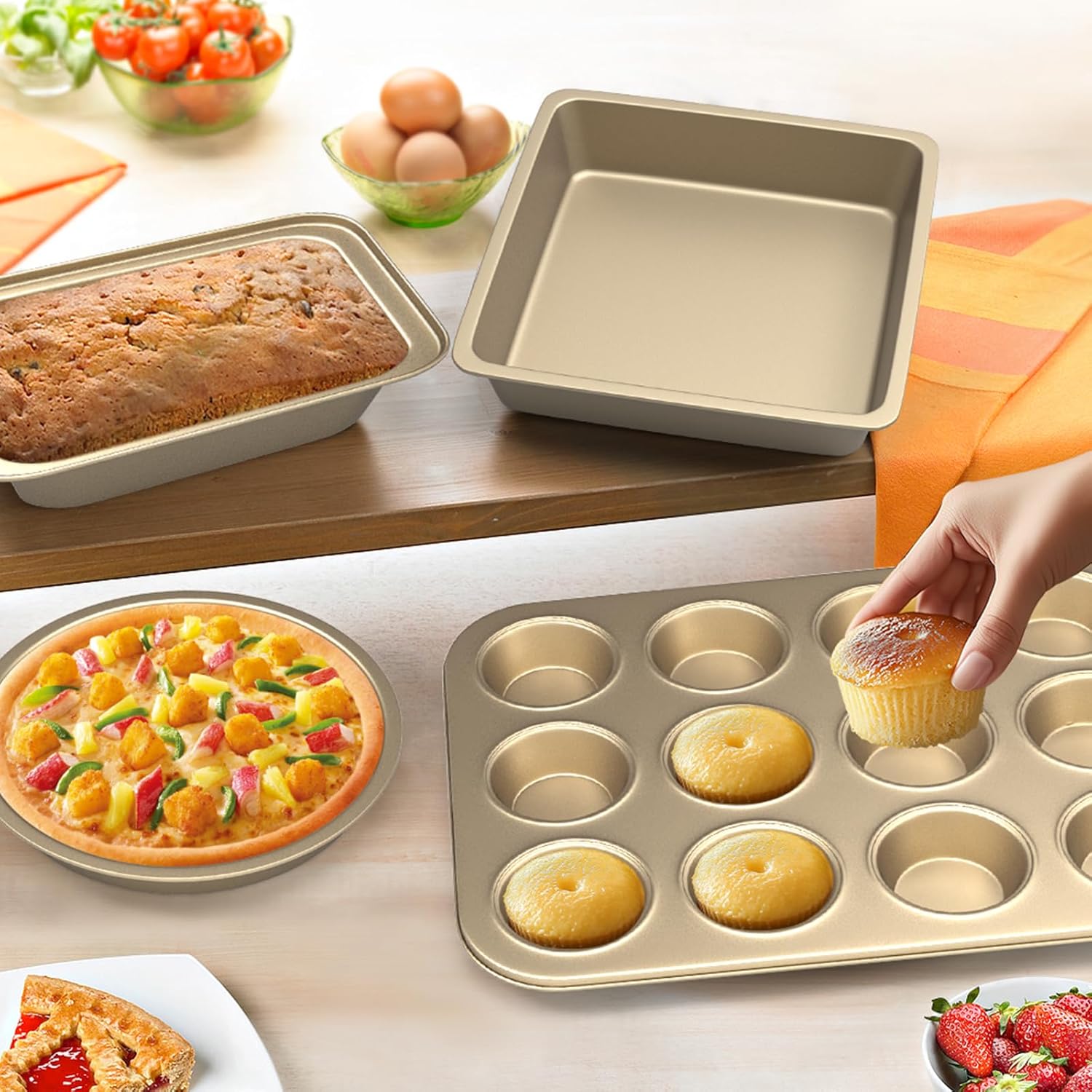 Baking Pans Set, 5-Piece Nonstick Bakeware Sets with Round/Square Cake Pan, Muffin Loaf Roast Pan, Baking Sheets for Oven, Kitchen Cookware Sets Baking Tray Baking Supplies, Gold - Image 6