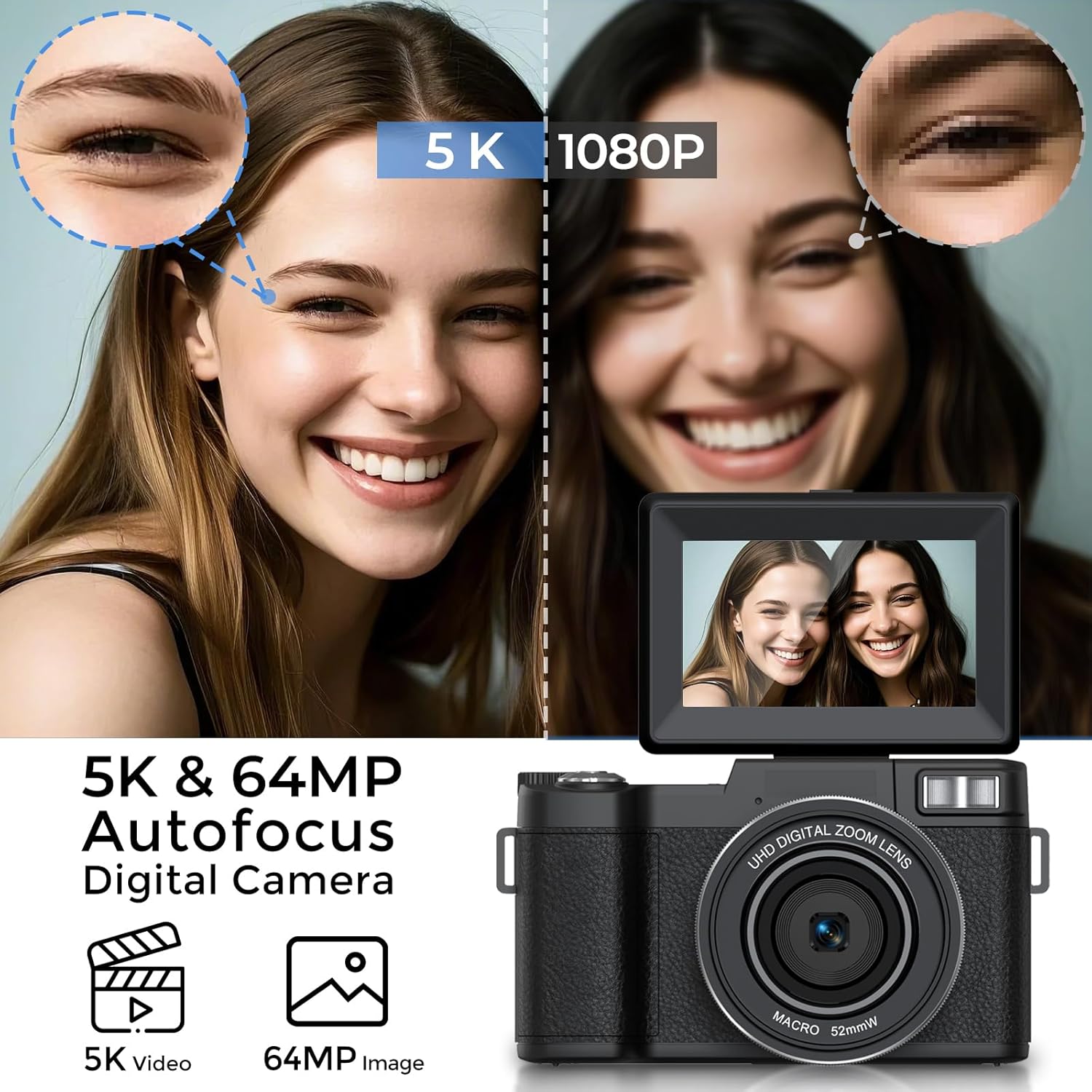 5K Digital Camera for Photography with WiFi 64MP Vlogging Camera with Flip Screen Compact Digital Cameras with Batteries, Selfie Light, Desktop Tripod - Image 2