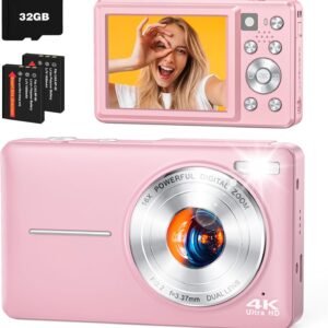 4K Digital Camera, 64MP Autofocus Vlogging Camera with Front Rear Lens, 32GB Card, Flash, 16X Zoom, Anti-Shake, Point Shoot Camera for YouTube Travel Teens Adult Beginner Photography(Pink)