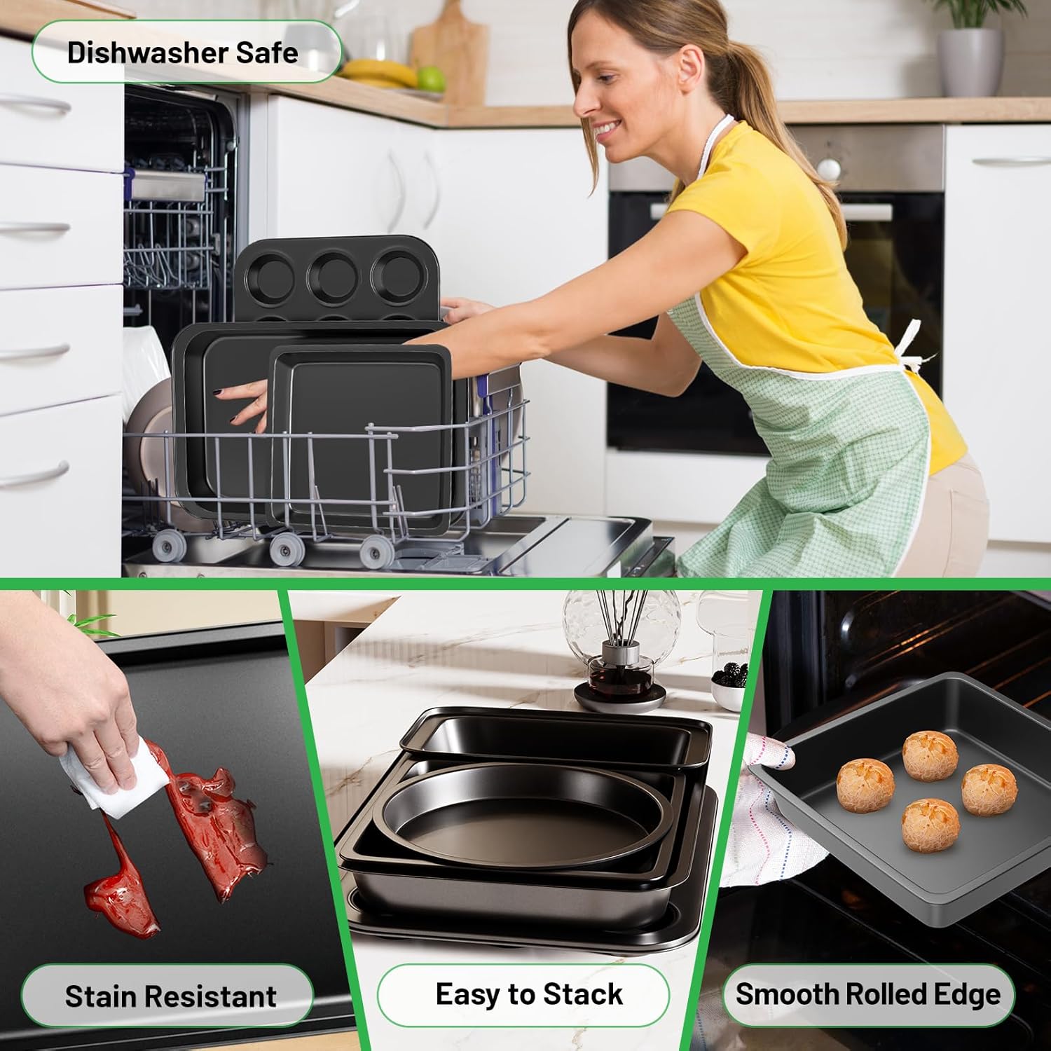 5 Pieces Baking Pans Set, Nonstick Baking Sheet Tray Oven Pans Bakeware Set, Baking Supplies with Round/Square Cake Pan, Muffin Pan, Loaf Pan, Roast Pan, Stackable Baking Sets for Cooking - Image 6