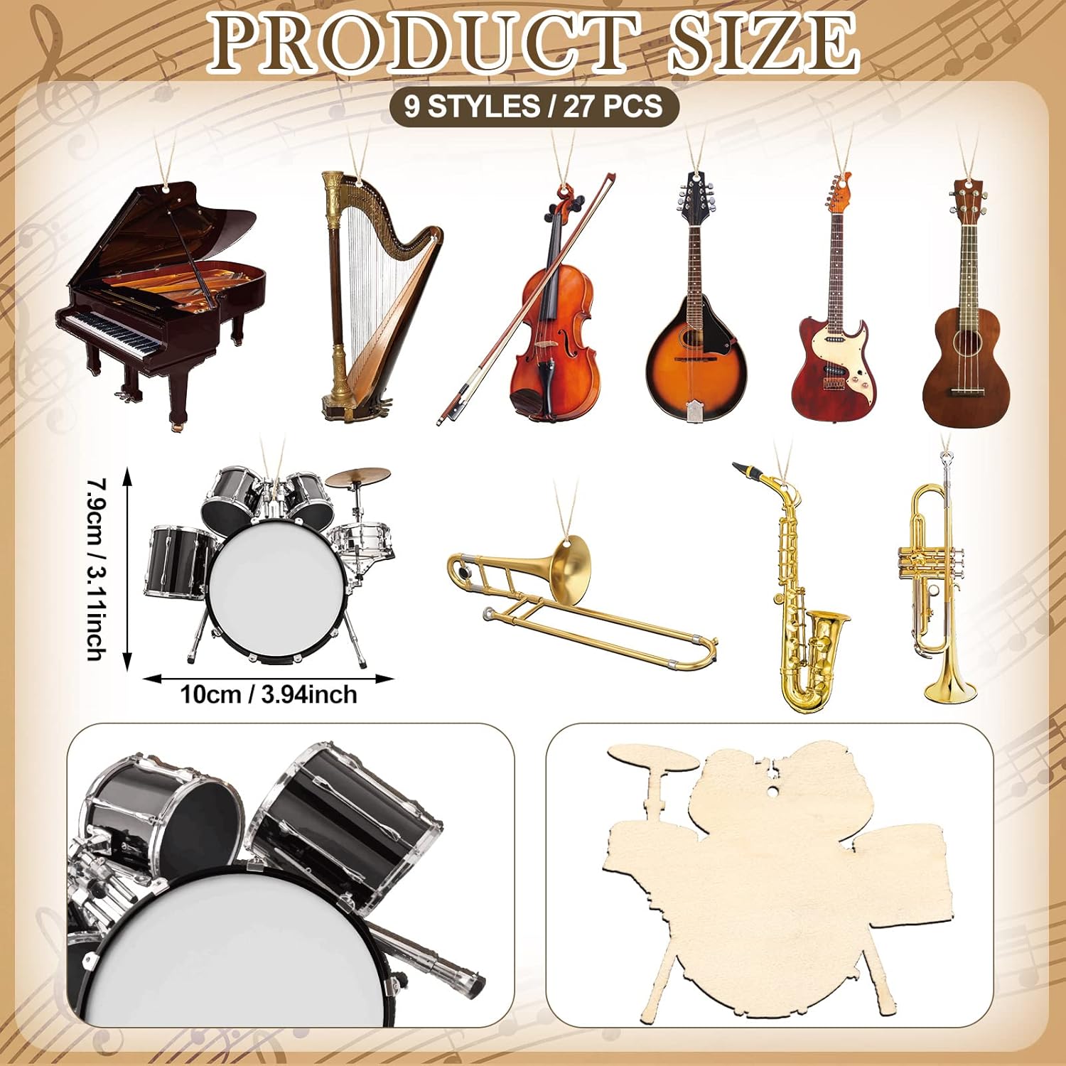 Yalikop 30 Pcs Christmas Musical Instrument Wooden Ornaments Replica Instrument Christmas Ornament Piano Drum Harp Trombone Horn Violin Guitar Musical Ornaments for Xmas Tree Home Decor - Image 3