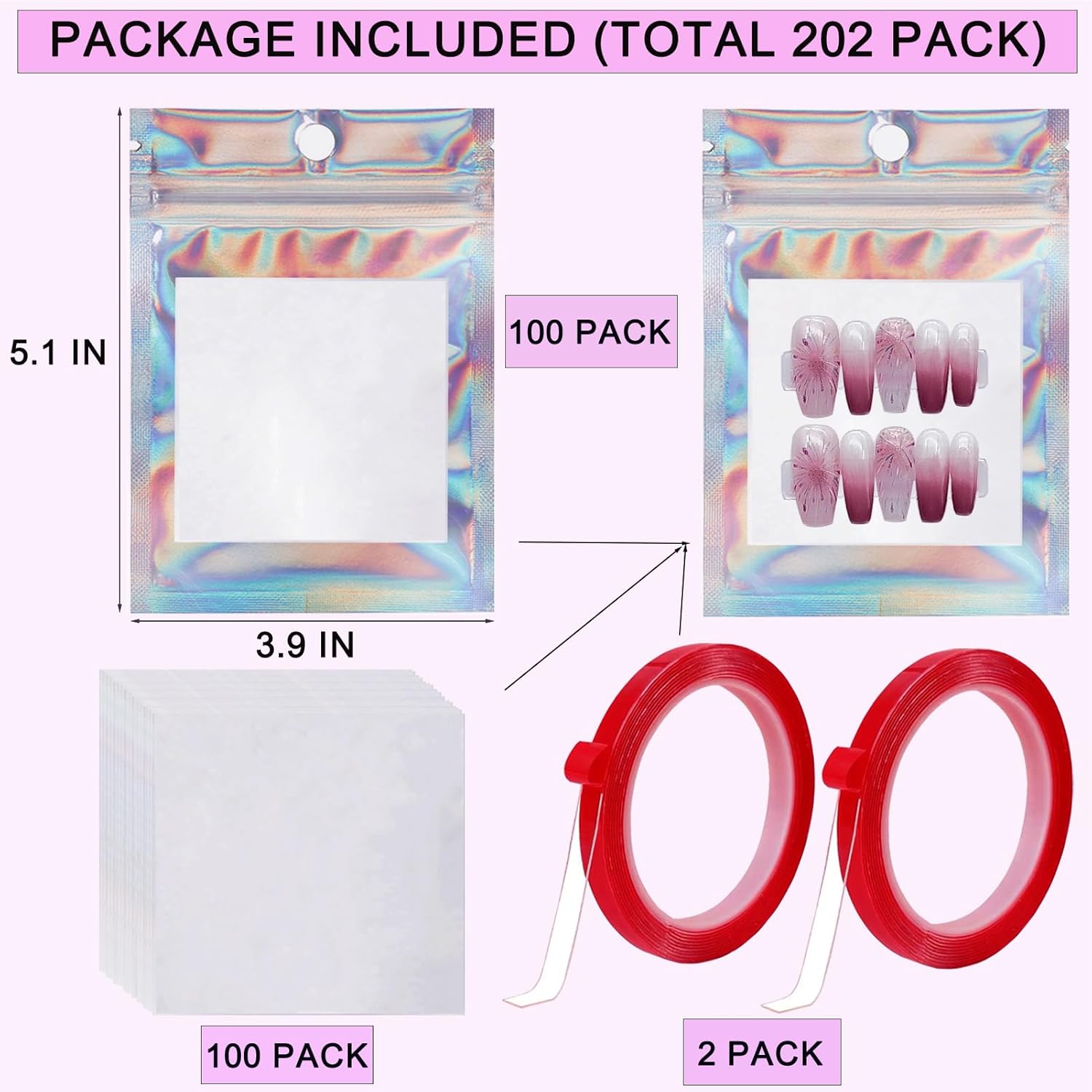 100 PCS Press on Nail Packaging Bag for False Nail Tips Holographic Press On Nail Storage Bag 100 PCS White Card with 2 Roll Transparent Tape for Nail Display Fake Nail Storage Organizer Nail Supplies - Image 2
