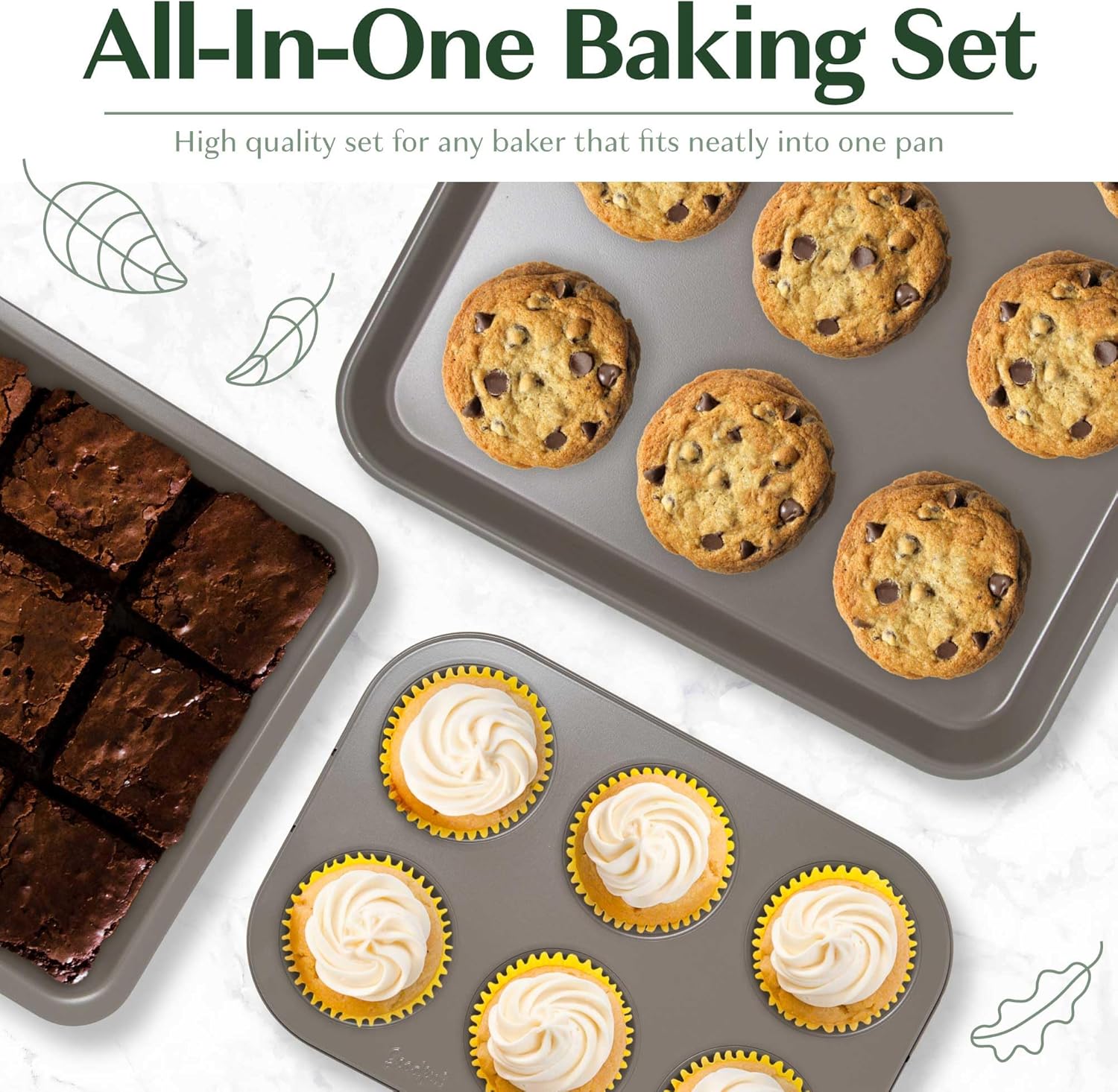Goodful All-In-One Nonstick Bakeware Set, Stackable and Space Saving Design includes Round and Square Pans, Muffin Pans, Cookie Sheet and Roaster, Dishwasher Safe, 8-Piece, Linen - Image 4