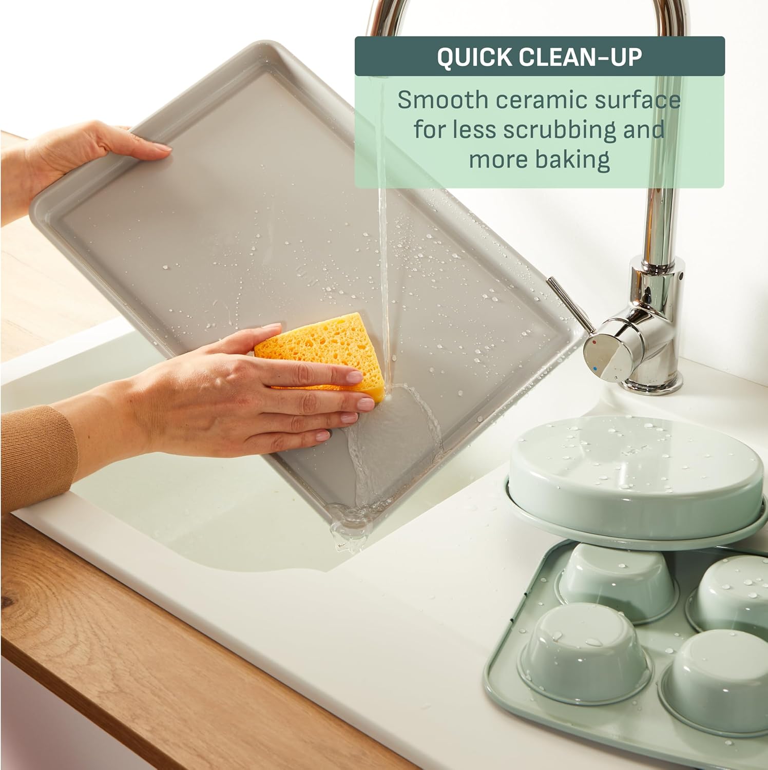 T-fal Refresh Ceramic Nonstick Baking Pans Set (8 Pc), Roaster, 12-Cup for Muffins, Loaf Trays, Baking Sheets Non Stick, Cooling Cooking Rack, Stackable Bakeware Set, Mint Green - Image 6