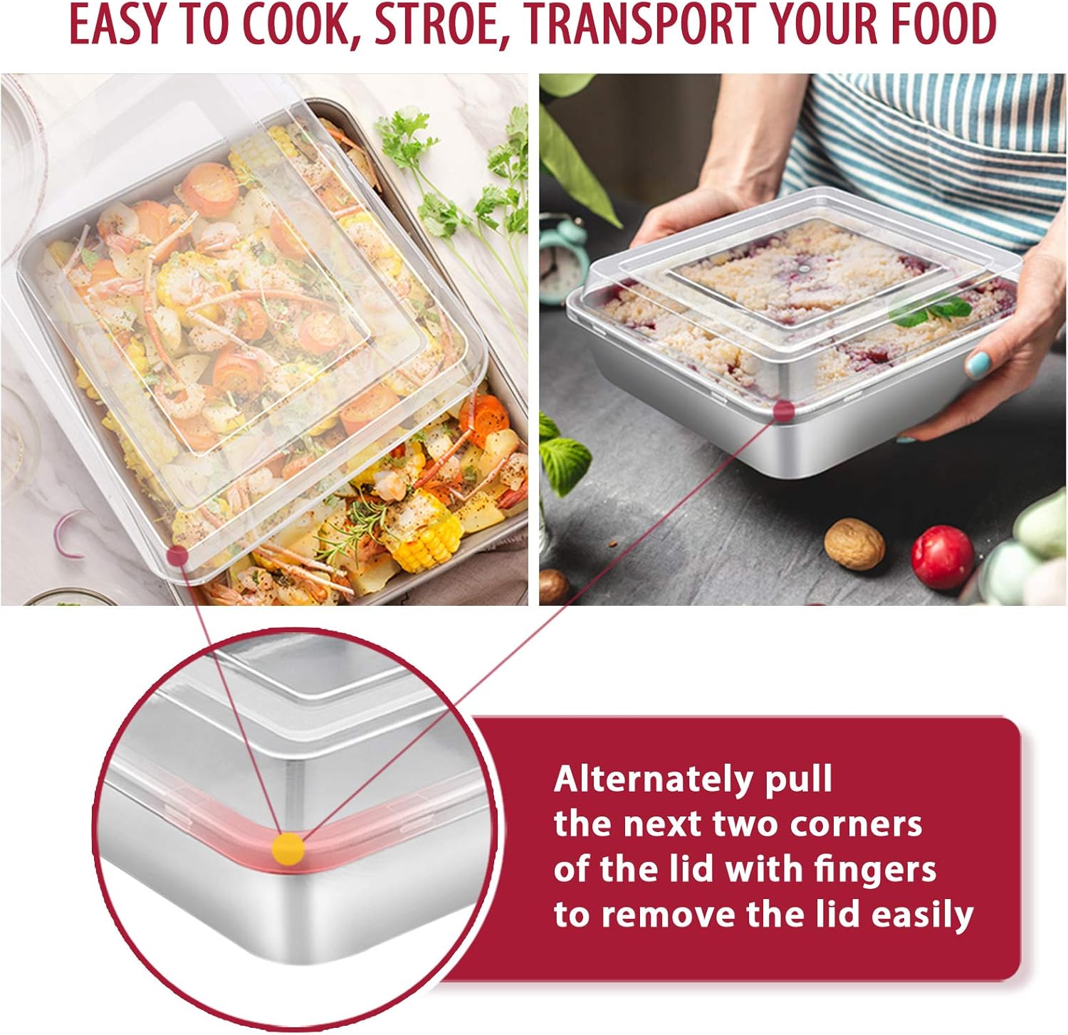 E-far 12-Piece Stainless Steel Bakeware Sets, Metal Baking Pan Set Include Round Cake Pans, Square/Rectangle Baking Pans with Lids, Cookie Sheet, Loaf/Muffin/Pizza Pan, Non-toxic & Dishwasher Safe - Image 5