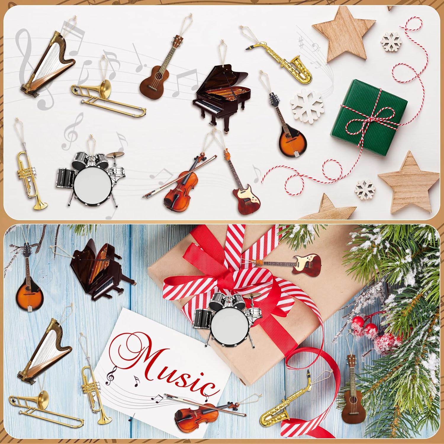Yalikop 30 Pcs Christmas Musical Instrument Wooden Ornaments Replica Instrument Christmas Ornament Piano Drum Harp Trombone Horn Violin Guitar Musical Ornaments for Xmas Tree Home Decor - Image 6