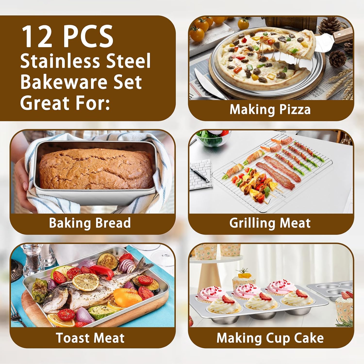 P&P CHEF Stainless Steel Bakeware Set, 12-Piece Kitchen Baking Pans Set, Baking Sheet with Rack, Square Cake Pan with Lid, Lasagna Pan, Loaf Pan, Muffin Pan, Pizza Tray & 2 Covers, Easily Clean - Image 4