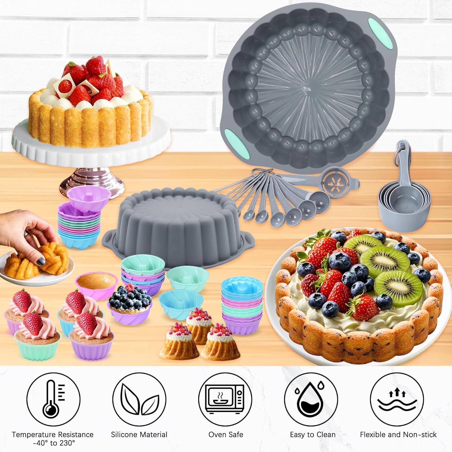 Tongjude 72 Pieces Silicone Bakeware Set, Nonstick Baking Pans Set, Easy Release Oven Silicone Pan for Kitchen with Cake Pans, Loaf Pans, Baking Cups, Measuring Cups and Spoons Set, Grey - Image 3