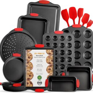 Baking Pans Set, 15 Piece Premium Baking Set, Nonstick Bakeware Sets BPA Free, Cookie Sheets for Baking Nonstick Set, Steel Baking Sheets for Oven with Muffin Pan, Cake Pan & Kitchen Utensils – Black