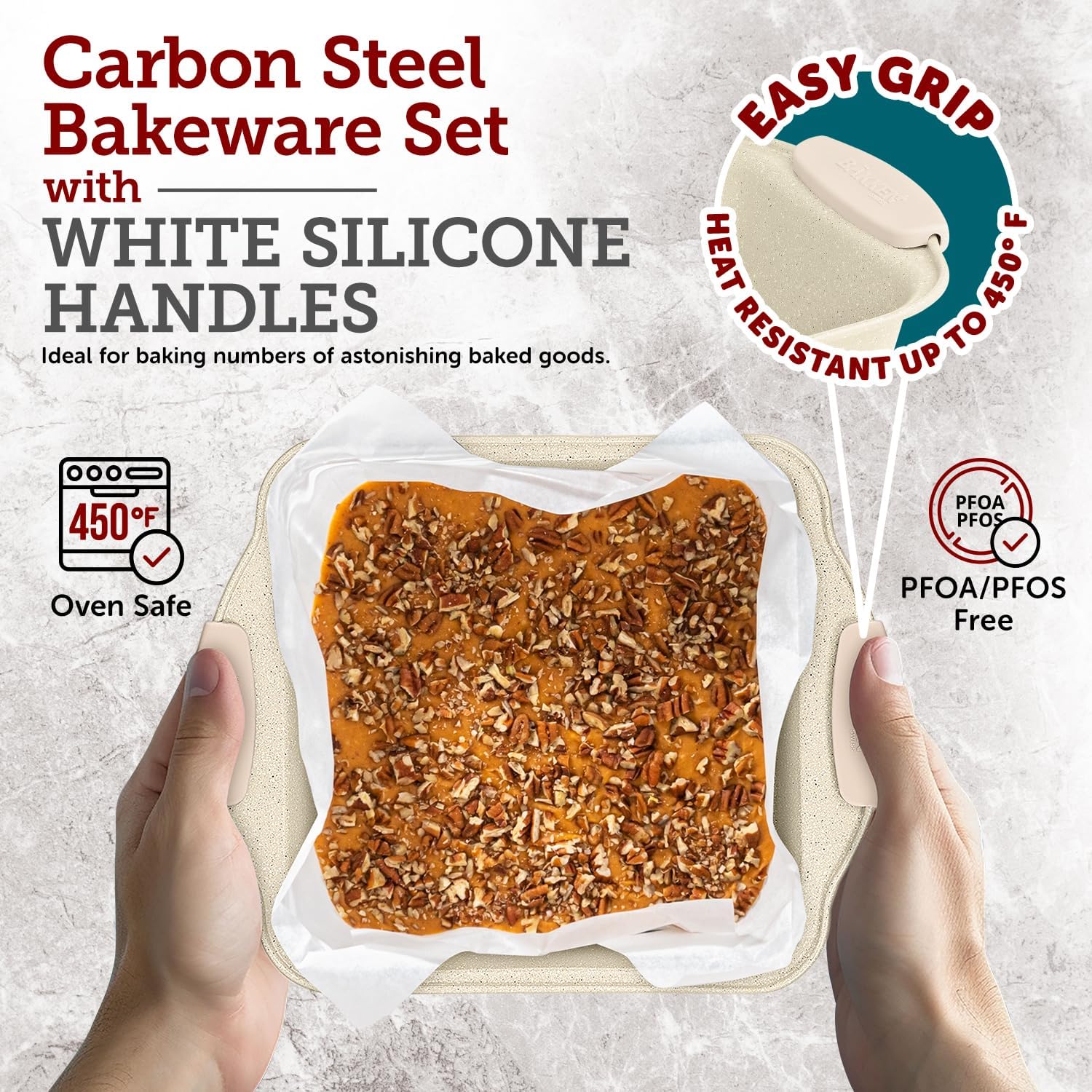 Deluxe 8-Piece Carbon Steel Bakeware Set - Nonstick White Marble Coating, Silicone Handles - Professional Quality Kitchen Oven Baking Pans - Image 6