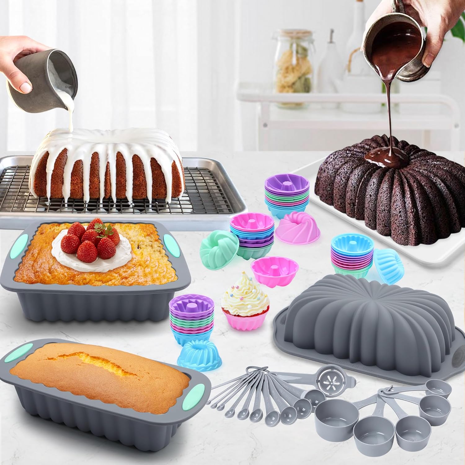 Tongjude 72 Pieces Silicone Bakeware Set, Nonstick Baking Pans Set, Easy Release Oven Silicone Pan for Kitchen with Cake Pans, Loaf Pans, Baking Cups, Measuring Cups and Spoons Set, Grey - Image 4