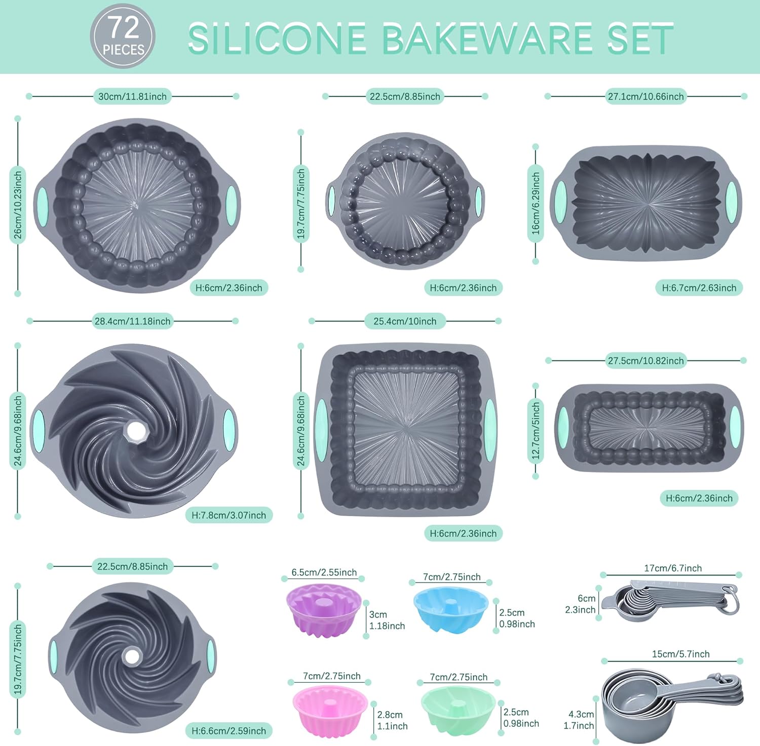 Tongjude 72 Pieces Silicone Bakeware Set, Nonstick Baking Pans Set, Easy Release Oven Silicone Pan for Kitchen with Cake Pans, Loaf Pans, Baking Cups, Measuring Cups and Spoons Set, Grey - Image 7