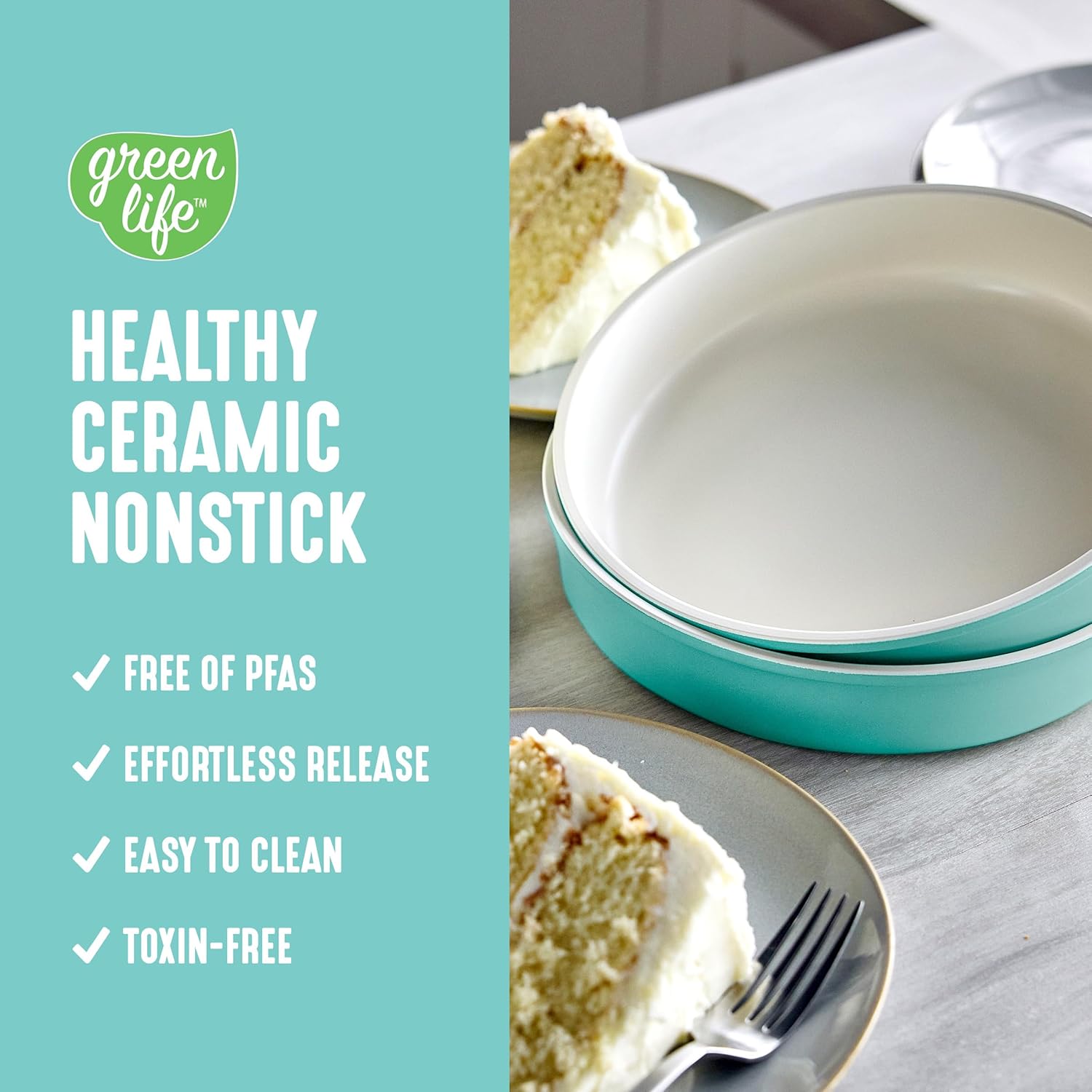 GreenLife 6 Piece Nonstick Bakeware Set, Non-Toxic PFAS-Free Ceramic Oven Pans, Dishwasher & Oven Safe to 450°F, Easy Release Baking Sheet, Loaf Pan, Rectangle & Round Cake, Muffin Pan, Turquoise - Image 2