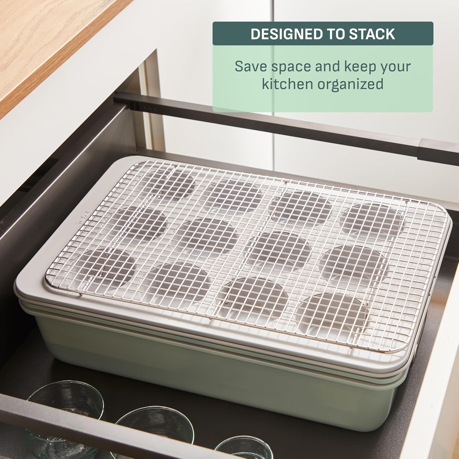 T-fal Refresh Ceramic Nonstick Baking Pans Set (8 Pc), Roaster, 12-Cup for Muffins, Loaf Trays, Baking Sheets Non Stick, Cooling Cooking Rack, Stackable Bakeware Set, Mint Green - Image 3