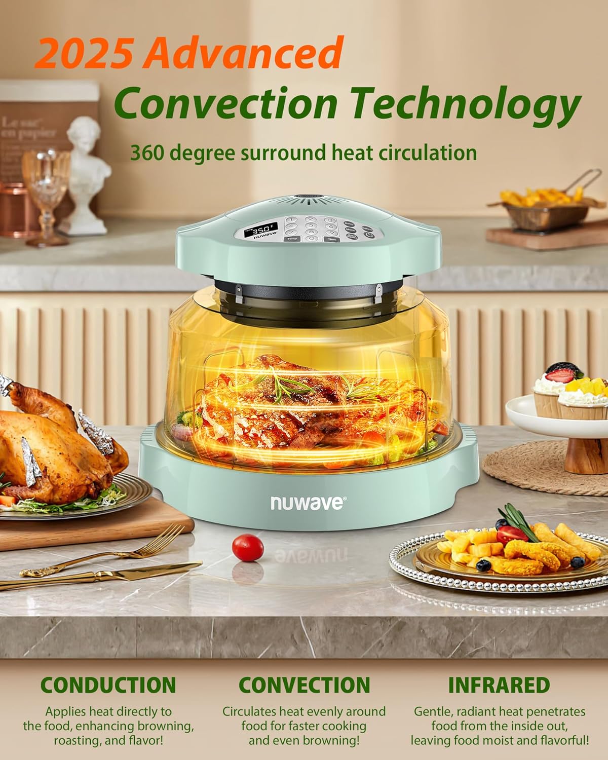 Nuwave Oven Pro Plus Air Fryer, Infra-Red Countertop, 2025 Advanced Convection, No Defrosting or Preheating, Cook Fresh or Frozen, Durable Power Dome, 100 Presets & 50 Memory, PFAS Free, Mint Green - Image 7