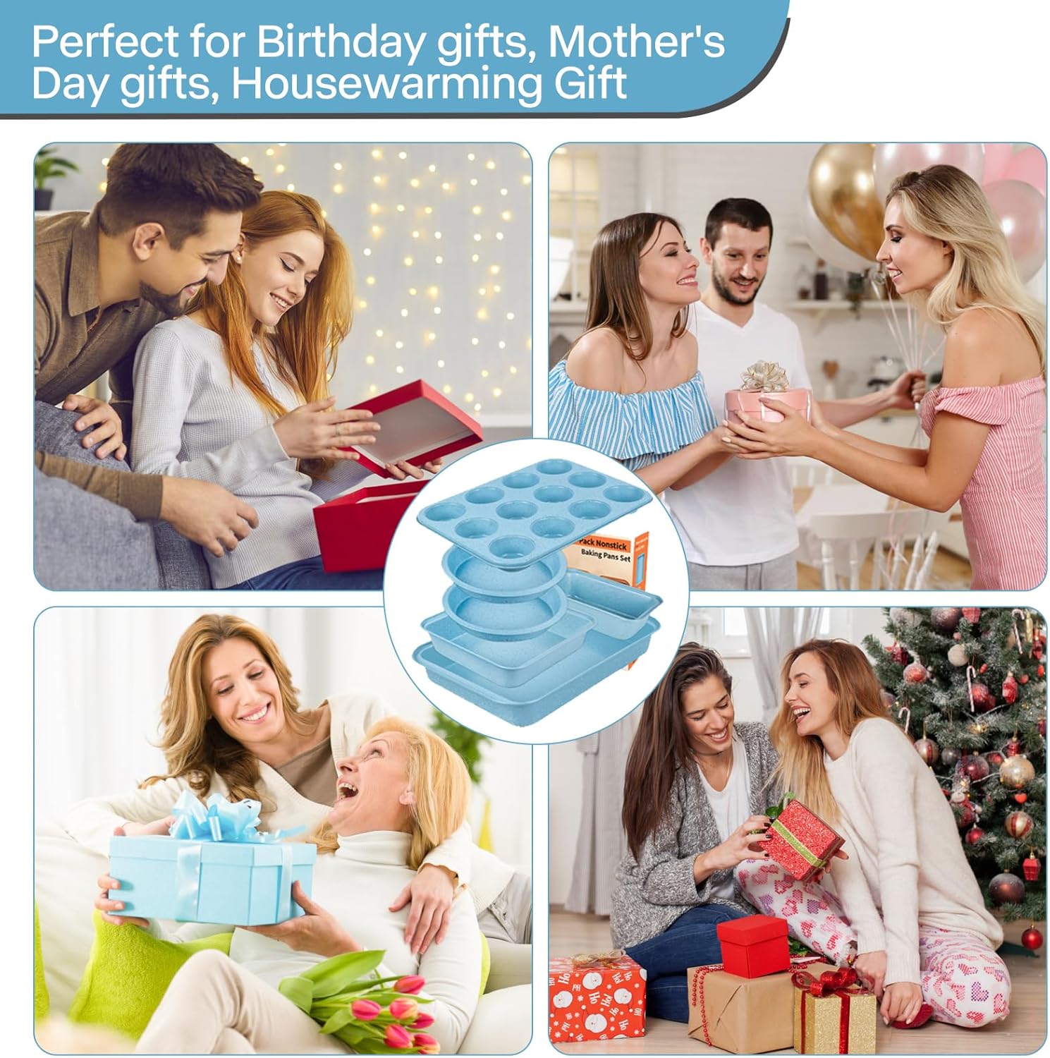 Baking Pans Set Non Stick, Bakeware Sets Stackable, Oven Safe, Steel Baking Set Supplies for Home Baking, Roasting, Easy to Release, Sturdy Bake Gifts for Holiday, Blue, 6 Pieces - Image 5