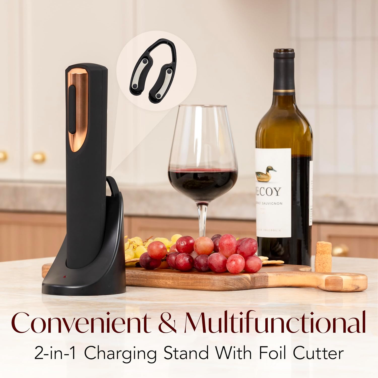 Rechargeable Electric Wine Bottle Opener - Charging Base and Foil Cutter Included with Automatic Wine Opener - Electric Corkscrew for Easy Cork Removal - Best Gift for Wine Lover (Black & Rose Gold) - Image 3