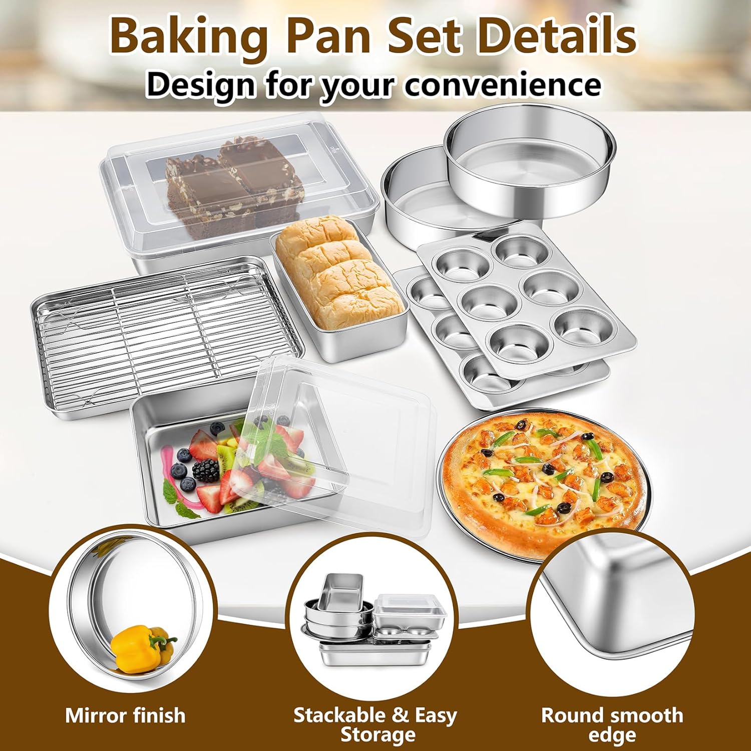 P&P CHEF Stainless Steel Bakeware Set, 12-Piece Kitchen Baking Pans Set, Baking Sheet with Rack, Square Cake Pan with Lid, Lasagna Pan, Loaf Pan, Muffin Pan, Pizza Tray & 2 Covers, Easily Clean - Image 3