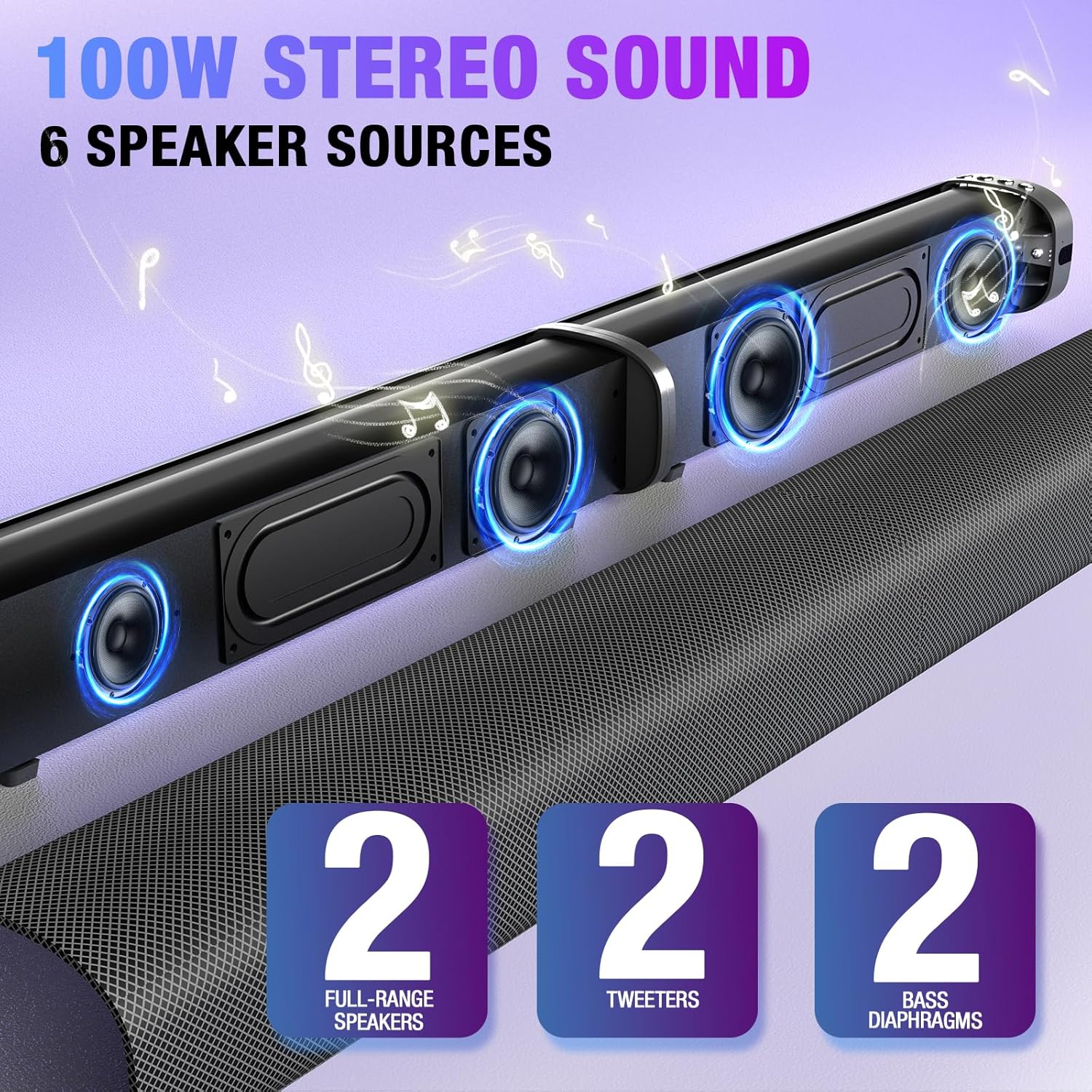 Sound Bar, 100W Sound Bar for Smart TV, Bluetooth 5.3 Soundbar, 2 in 1 Detachable Home Speaker Bass Effect, Home Theater Surround Sound, ARC/Optical/AUX/USB Connections, for TV/PC/Projectors - Image 3