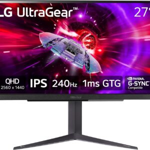 LG 27″ UltraGear QHD (2560×1440) Gaming Monitor, 240Hz, 1ms, VESA DisplayHDR 400, G-SYNC and AMD FreeSync Premium, HDMI 2.1, DisplayPort, 4-Pole HP Out DTS HP:X, Tilt/Height/Pivot Stand, Black