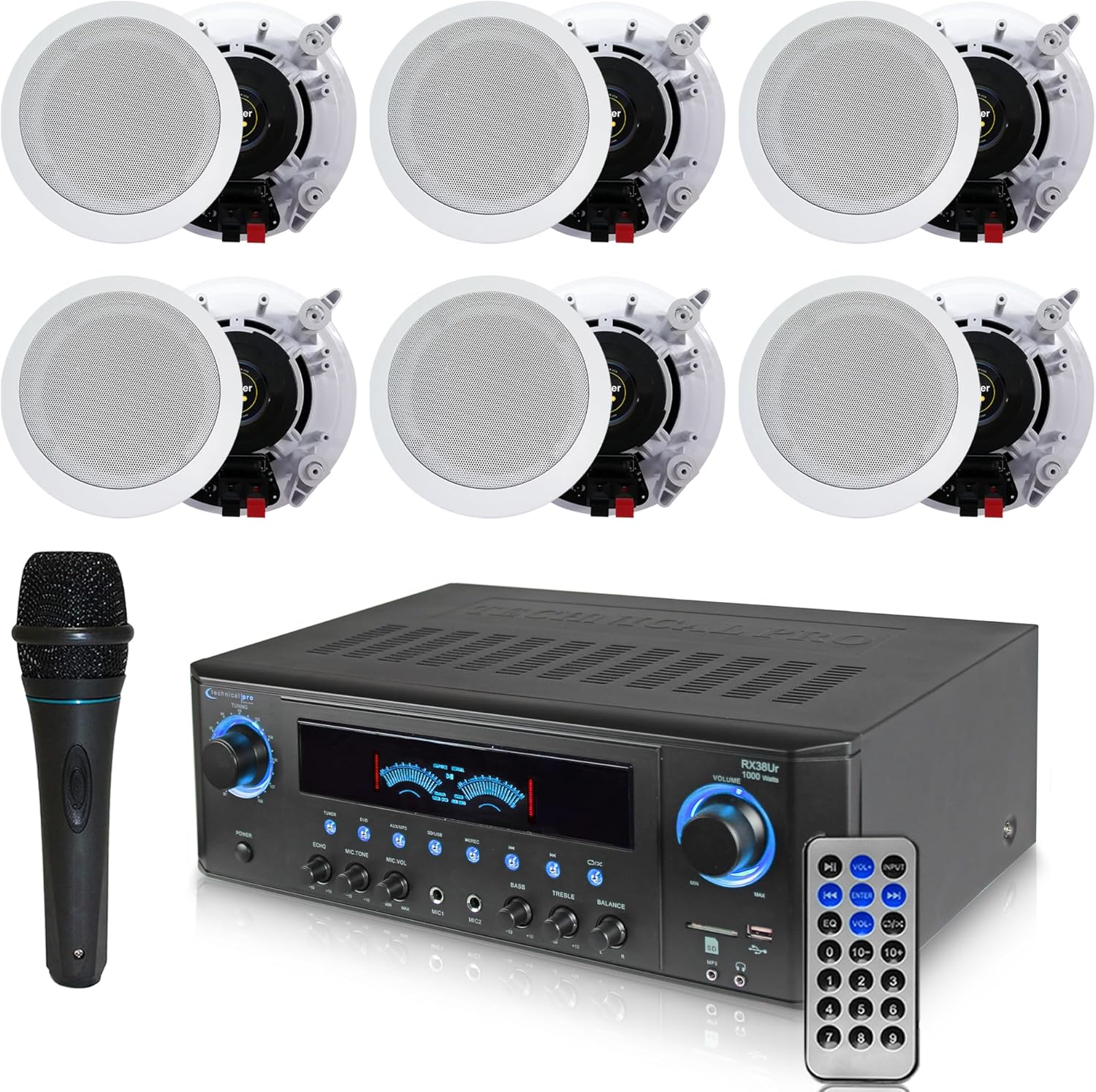 Technical Pro 1000 Watts Professional Home Theater Receiver System Kit w Portable Microphone with Digital Processing and Remote 6 Qty of 5.25” Ceiling Wall Mount Framed Speakers