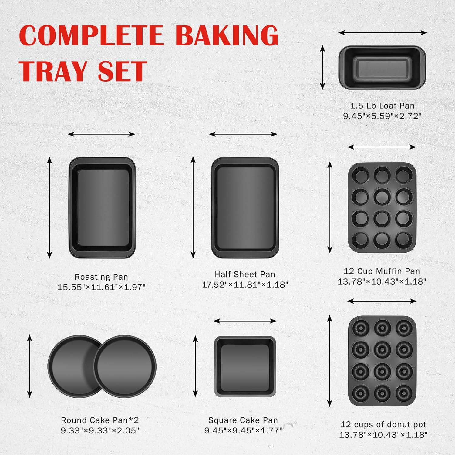Bakeware Sets, Nonstick Baking Pans Set 8 Piece Including Donut Pan,2 Round Cake Pan, Square Cake Pan, Loaf Pan, Muffin Pan, Cookie Sheet, Roast Pan, Carbon Steel Bake Set (black) - Image 3